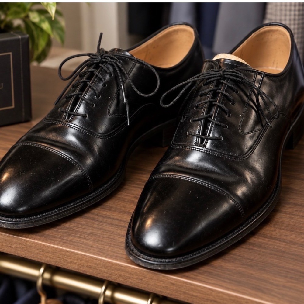 Johnston & Murphy Melton Mens 7.5 D Black Leather Cap Toe Oxford Dress Shoes